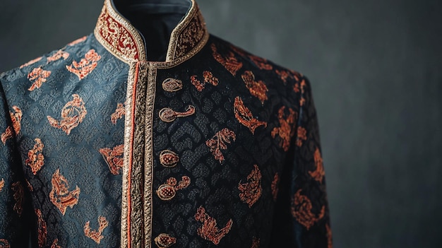 a black and gold embroidered jacket with a gold and orange embroidery