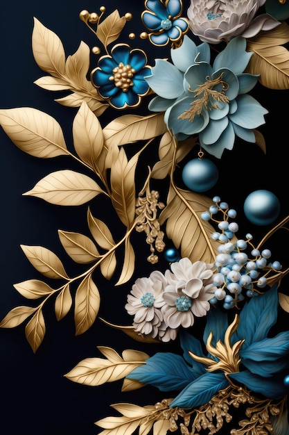 A black and gold floral background with gold flowers and leaves.