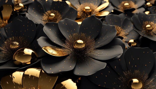 A black and gold flower with a drop of water on it