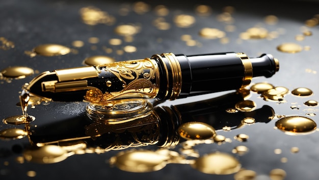 A black and gold fountain pen is lying on a reflective surface with gold liquid droplets scattered