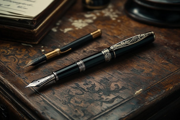 a black and gold fountain pen sits on a wooden table