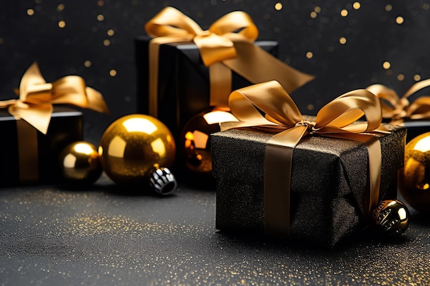 A black and gold gift box with a gold ribbon and a gold ball with the word's'on it