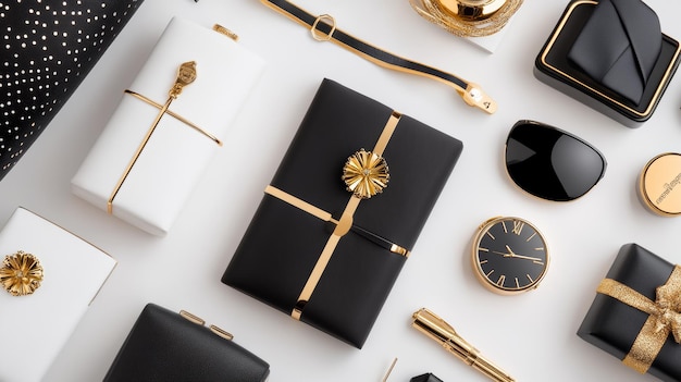 Photo black and gold gift boxes flat lay