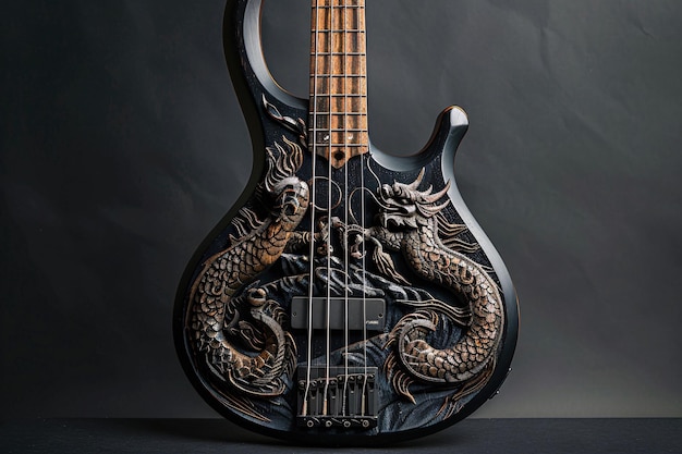 a black and gold guitar with dragon design