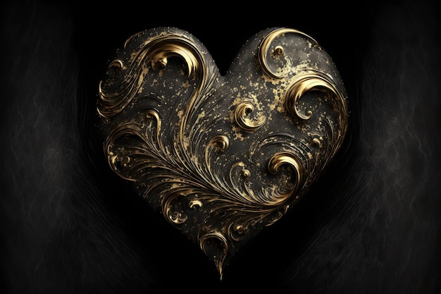 A black and gold heart with gold swirls and a gold leaf design