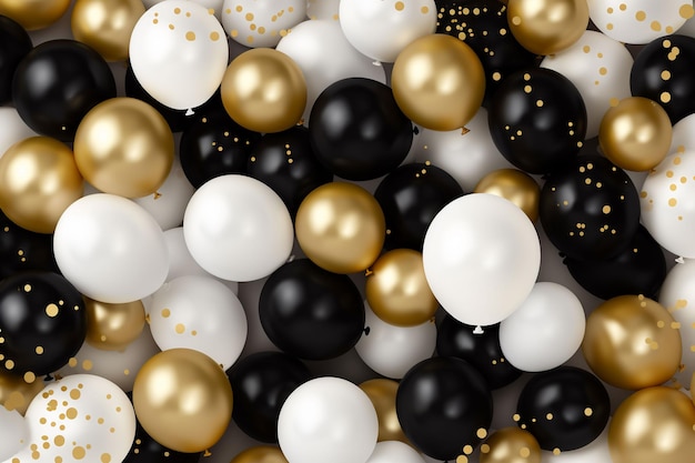 black and gold helium air balloons on white background celebrate party