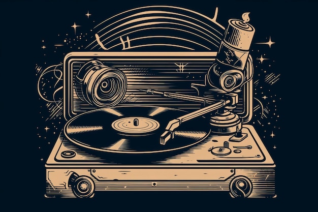 A black and gold illustration of a record player with the words'music'on it.