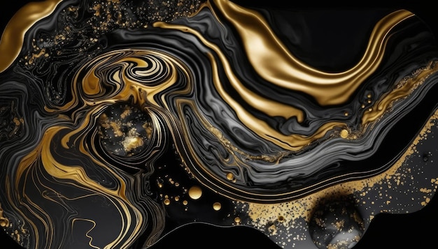 A black and gold ink marble background