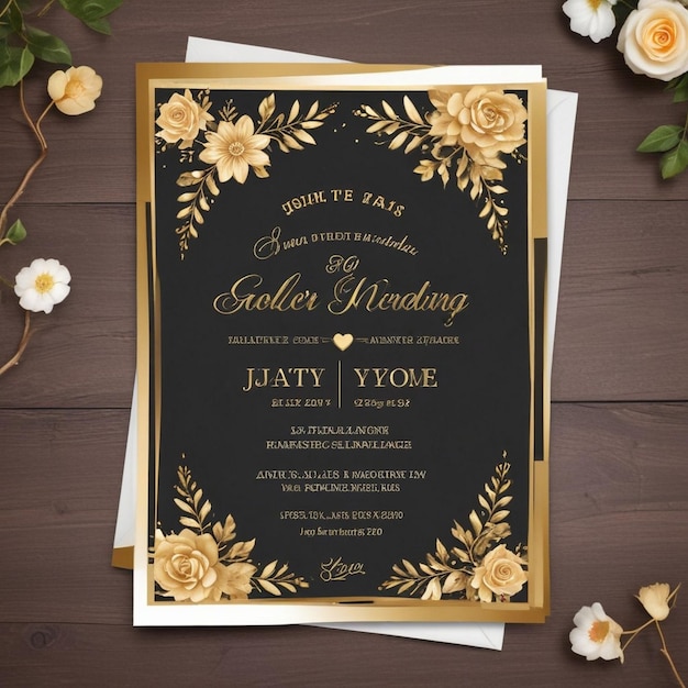 A black and gold invitation with white flowers on a wood surface