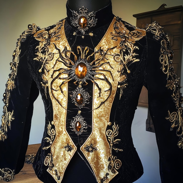 A black and gold jacket with a floral design on the front