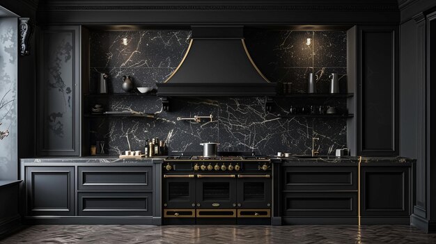 a black and gold kitchen with a stove and a pot on it