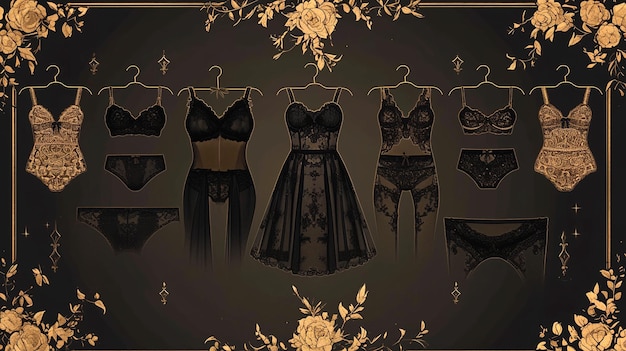 Photo black and gold lace lingerie on hangers