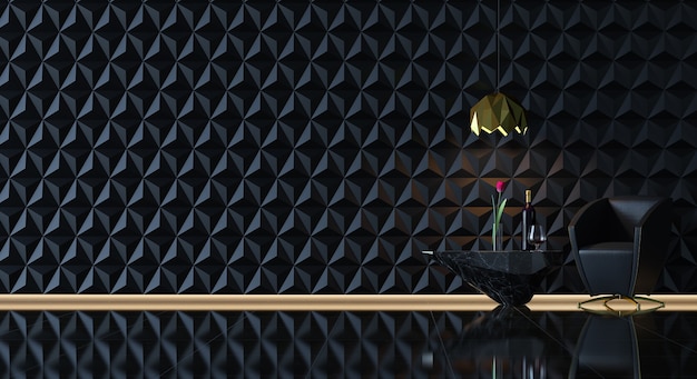 black and gold living room  with geometry pattern wall