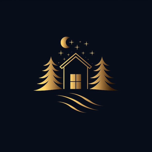 a black and gold logo of a cabin with a moon and trees