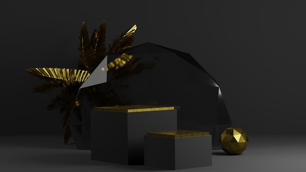 black and gold luxury podium pedestal product with gold leaves display background 3d rendering