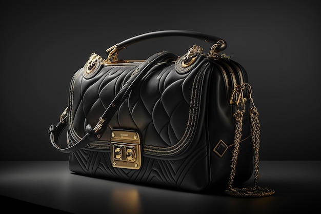 black and gold luxury women's bag made of leather, creative ai