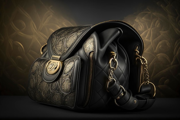 black and gold luxury women's bag made of leather, creative ai