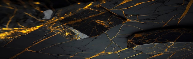 Black and gold marble Rough surface black marble natural stone with golden cracks in between Generative AI