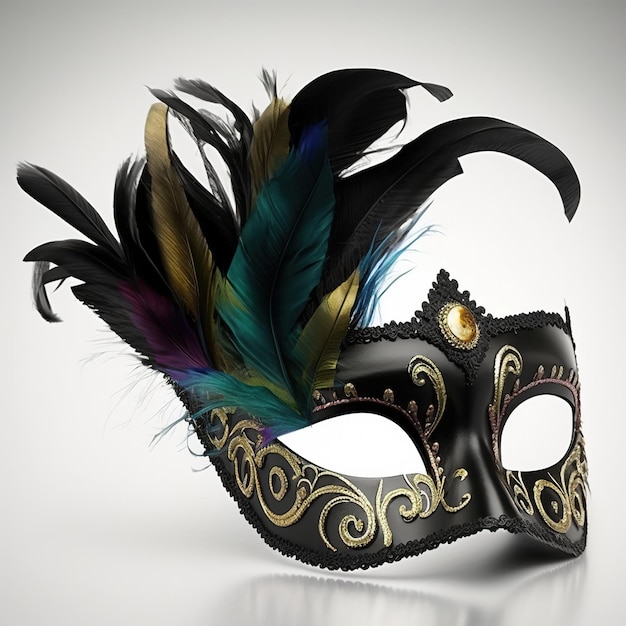 A black and gold mask with feathers and a fancy design on it.