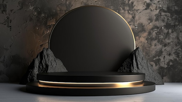 a black and gold mirror with a black frame and a black stone in the center