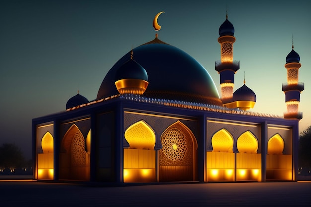 A black and gold mosque with a crescent moon in the background.