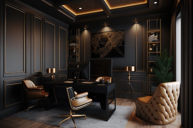 A black and gold office with a leather chair and a desk with a lamp, generative ai