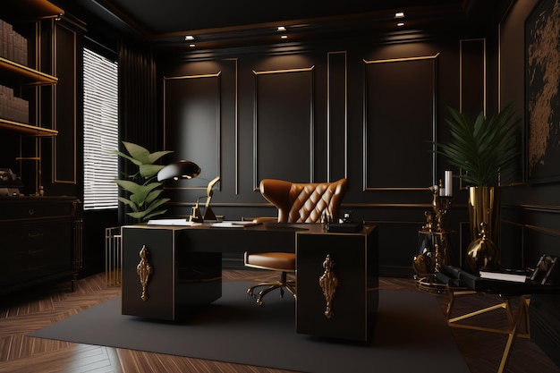 A black and gold office with a leather chair and a desk with a lamp, generative ai