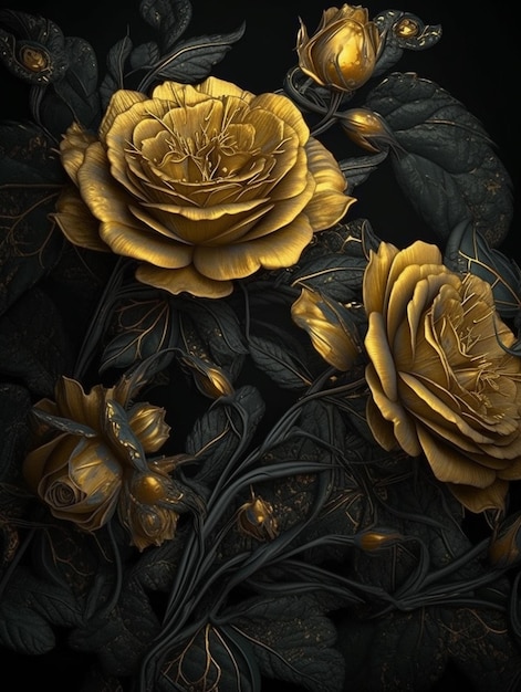 A black and gold painting of flowers with the words " gold " on the bottom.