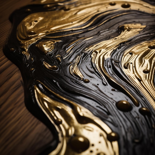 A black and gold painting of a liquid with the word gold on it.