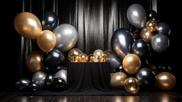 A black and gold party backdrop with a black and gold balloon backdrop.