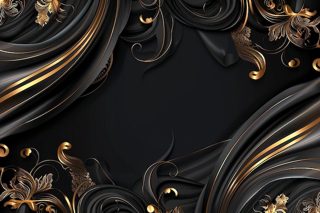 a black and gold picture of a black background with gold and black swirls