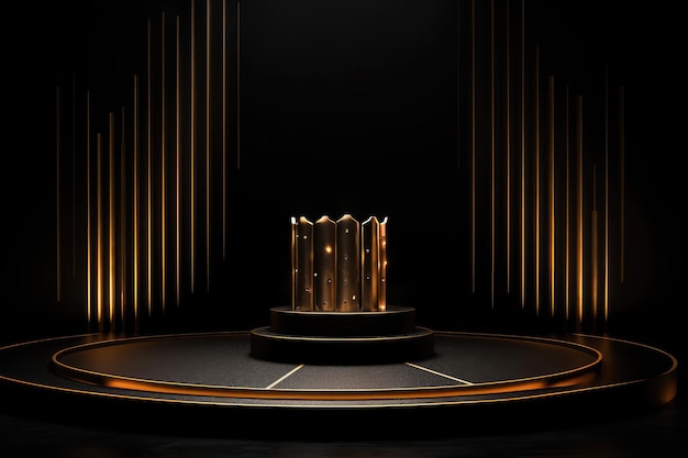 A black and gold podium with a statue in the middle of it.