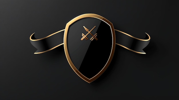 Photo a black and gold shield with crossed swords sitting on a black background with a black ribbon behind it