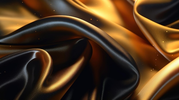 Black and Gold Silk Fabric in Wavy Shiny Abstract Background Generative AI