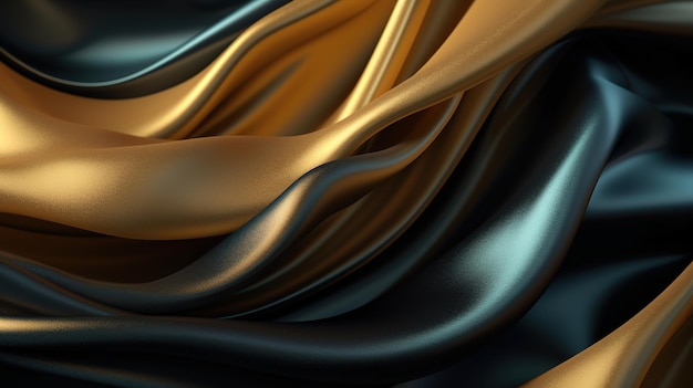 Black and Gold Silk Fabric in Wavy Shiny Abstract Background Generative AI