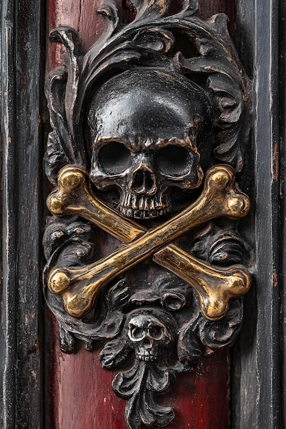 a black and gold skull and cross with a cross on it