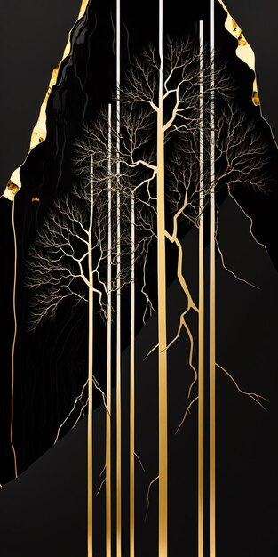 Photo black and gold trees and moon in kintsugi art style