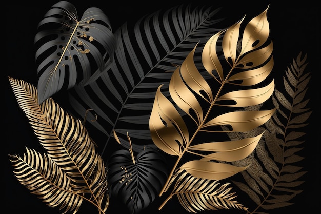 Black and gold tropical leaves background Golden foliage leaf texture