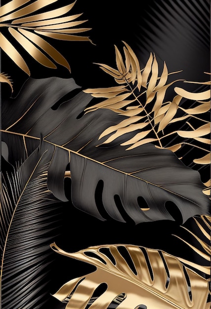 Black and gold tropical leaves on a black background