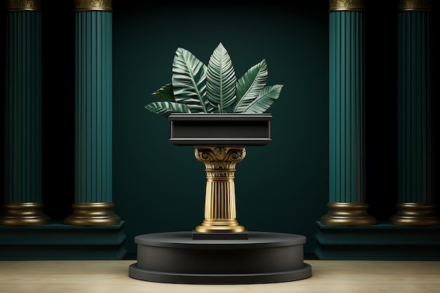 a black and gold vase with a plant in it and a green plant in the middle