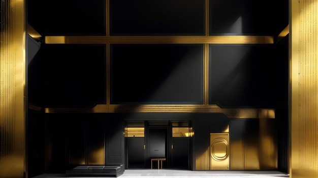 A black and gold wall with a black and gold wallpaper.