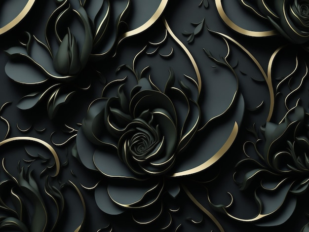 Black and gold wallpaper with a flower design in the center.