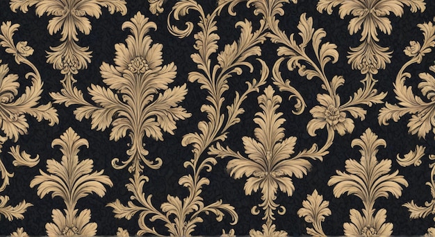 a black and gold wallpaper with a gold leaf pattern