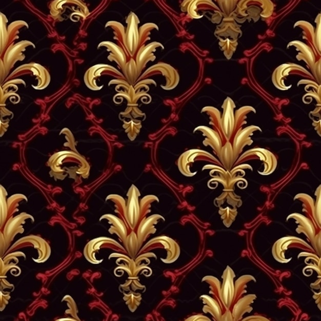 a black and gold wallpaper with a red and gold pattern generative ai