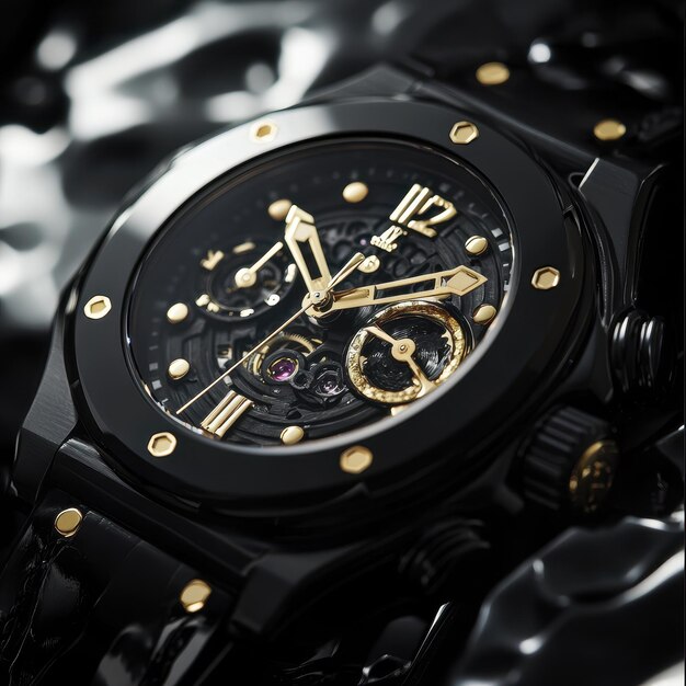 a black and gold watch with the number 12 on it