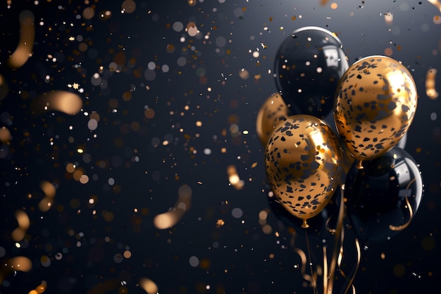 Photo black and golden balloons and confetti on dark background birthday holiday or party background