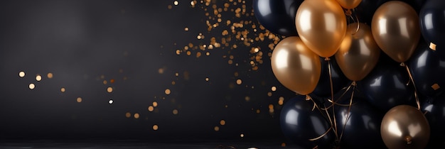 Black and Golden Balloons on Dark Background Festive Greeting Card with Empty Space for Text