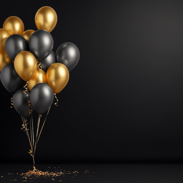 Black and golden balloons with golden confetti on black background