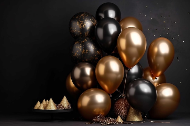 Black and golden balloons with ribbons on black background 3D Rendering