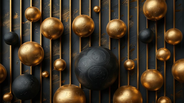 Black and golden balls luxury 3D textured background in art deco style